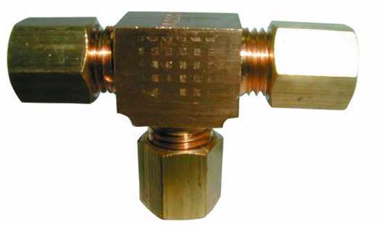 Brass tee compression fitting, 3/8 inch size, designed for secure plumbing connections.