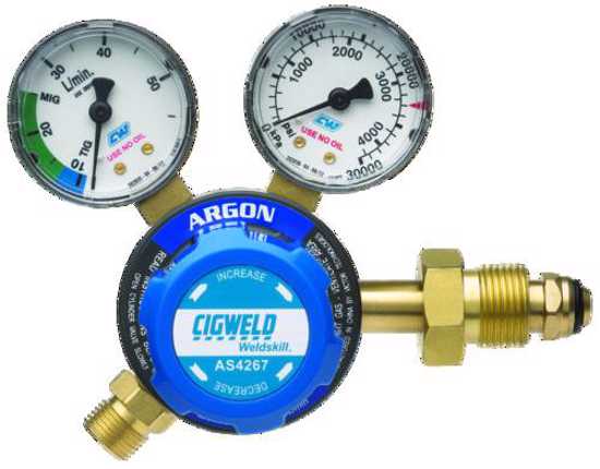 CIGWELD Weldskill Argon Regulator featuring failsafe overpressure protection and color-coded gas identification for precise control.