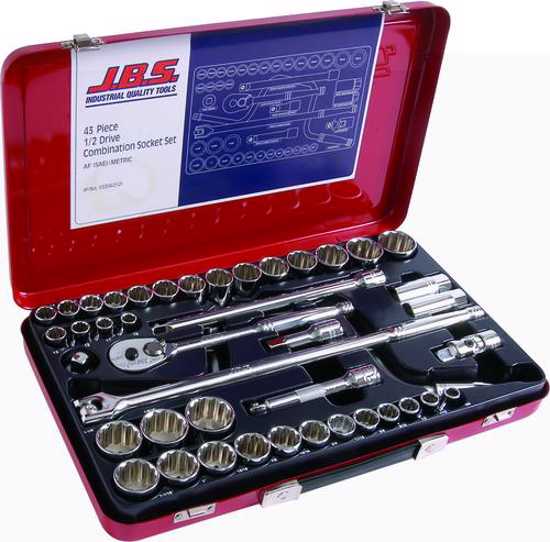 JBS 43-piece socket set with metric and imperial sockets, quick release ratchet, and durable steel case for mechanics.