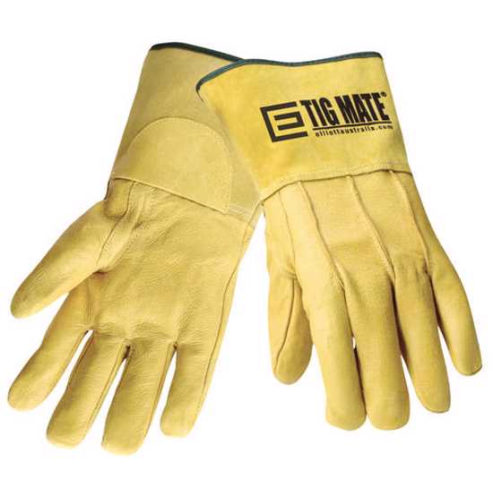 Premium TIGMATE leather welding gloves, 280mm long, offer comfort and dexterity with Kevlar stitching for enhanced protection.