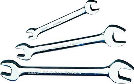 JBS 17mm x 19mm double open-end spanner, durable chrome vanadium steel, polished finish for corrosion resistance.