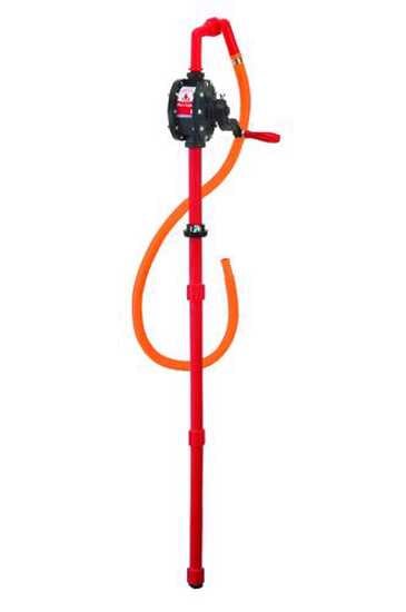 Hand-operated Ryton rotary drum pump for 205L drums, delivers 20L/min, designed for safe chemical transfer and minimal spills.