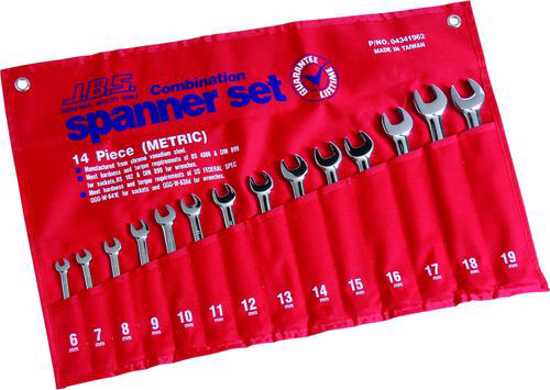 JBS 14 Piece Combination Metric Spanner Set in tool roll, made of chrome vanadium steel, sizes 6mm to 19mm for versatile use.