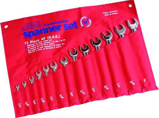 JBS ROE 13-Piece Imperial Spanner Set, polished, rust-resistant, includes essential sizes, and packaged in a handy tool roll.