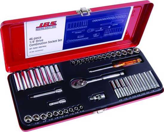 JBS 46-piece socket set in steel case, includes metric and AF sockets, quick-release ratchet, and accessories for versatile use.