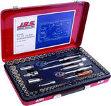 JBS 69-Piece socket set featuring 1/4", 3/8", and 1/2" drive sockets in metric and imperial sizes, housed in a durable steel case.