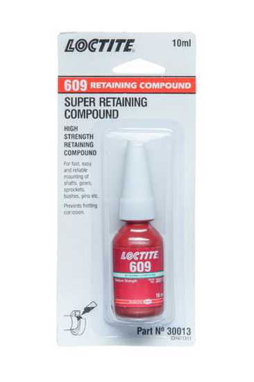 Green LOCTITE 609 retaining compound in 10ml for securing cylindrical metal parts, offering high strength and chemical resistance.