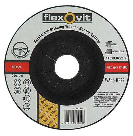 Versatile 115 x 3 x 22mm flexible grinding disc for stainless steel polishing, max RPM 13,300, ideal for light weld grinding.