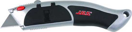 Durable JBS Utility Knife with retractable blade, rubber grip, auto-load mechanism, and internal blade storage for easy use.