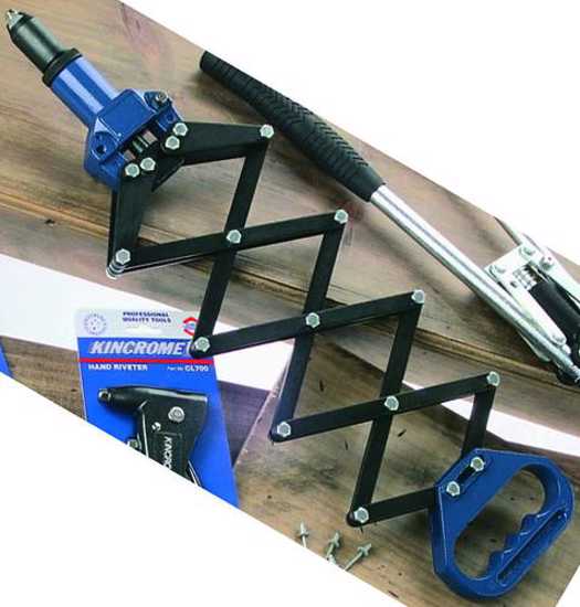 Kincrome Lazy Tong Riveter with adjustable length, hardened jaws, and four nozzles for efficient riveting tasks.