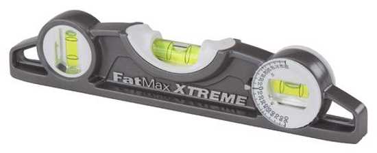 Stanley Fatmax Xtreme Torpedo Level, 229mm, features durable aluminium, 0.0005in accuracy, rotating vial, and strong rare earth magnets.