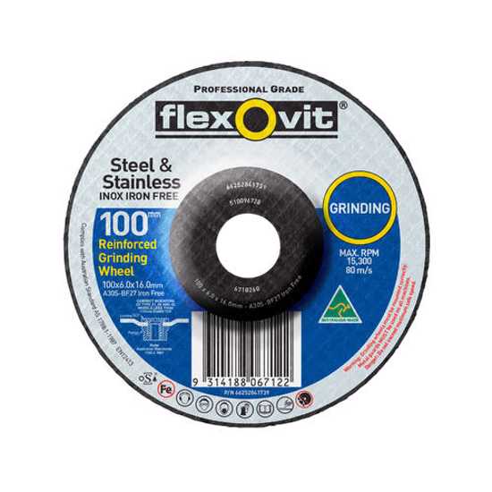 Iron free 100 x 6 x 16mm grinding disc for efficient stainless steel grinding with a maximum RPM of 15,300.