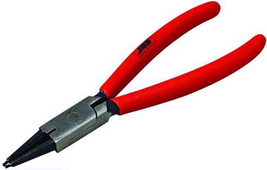 JBS 180mm plier for efficiently inserting and removing circlips, with tapered tips and cushion grip handle for comfort.