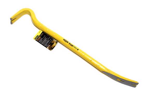 STANLEY FATMAX 610mm wrecking bar with tri-lobe design, high-carbon steel, polished tips, and bright yellow finish for visibility.