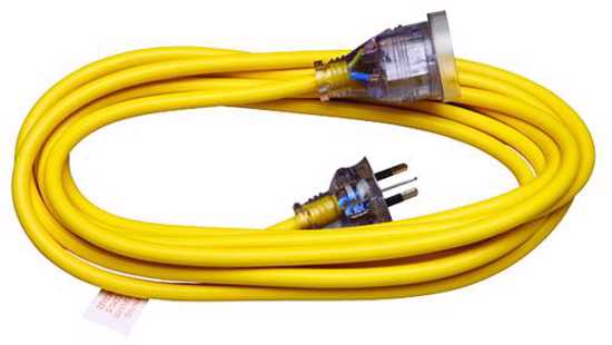 Strom 20m Heavy Duty Extension Lead in bright yellow, featuring a 10A rating, moulded plug, and neon safety indicator.