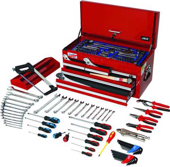 JBS 145 Piece Tool Kit featuring a heavy-duty chest, sockets, spanners, and screwdrivers for versatile DIY and professional use.