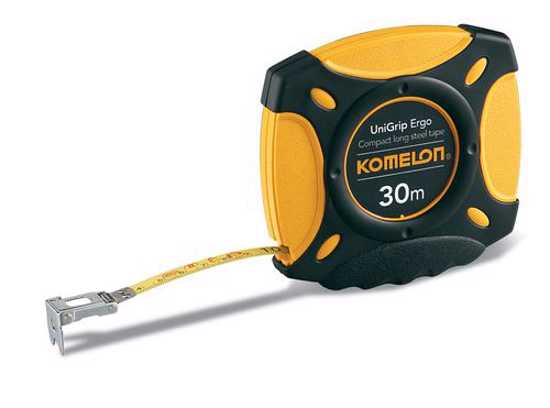 KOMELON Unigrip Tape Measure 30m with durable nylon-coated blade and folding crank for accurate and fast measurements.