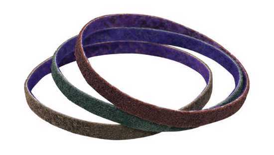 Non-woven maroon belt for heavy-duty metalworking, ideal for deburring, blending, and finishing with outstanding flexibility.