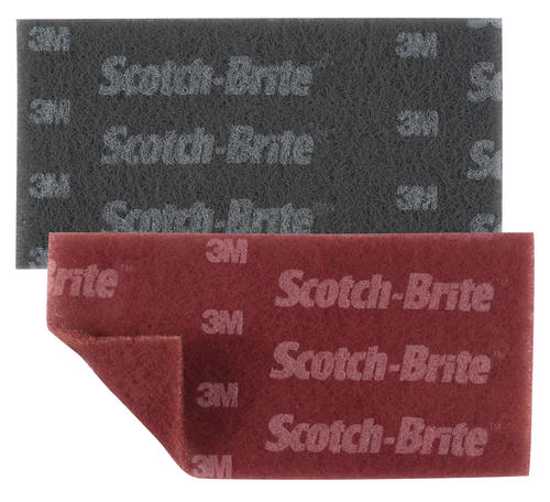 Scotch-Brite Maroon Hand Pad, reusable non-woven pad for cleaning wood, metal, glass without shredding or rusting.