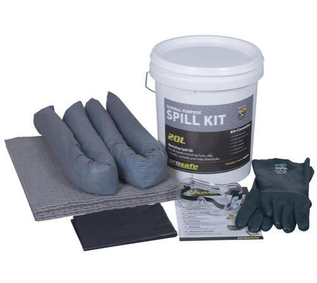 Prosafe Workshop Spill Kit with absorbent pads, socks, gloves, and goggles in a rugged bucket for effective spill management.