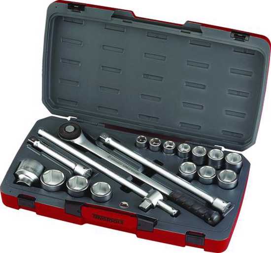 Teng 18pc 3/4in Dr. metric socket set with durable sockets, T-handle, extension bars, and a sturdy plastic case.