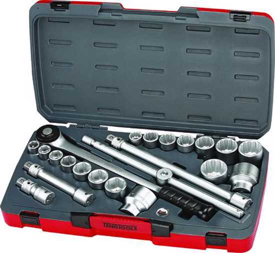 Teng 22pc 3/4in Drive socket set with security lock, featuring metric and AF sockets, quick release ratchet, and durable case.