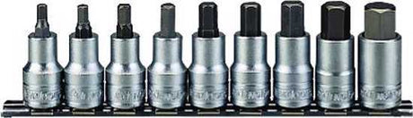 Teng 9pc 1/2" drive hex socket set, 5-17mm, durable S2 steel, chrome vanadium, satin finish, organized on metal clip rail.