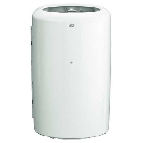 Tork B1 50L rubbish bin in white plastic, designed for high-traffic areas with wall or floor mounting options.