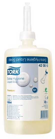 Tork S1 Extra Hygiene Liquid Soap refill, antibacterial, fragrance-free, 1000ml, ideal for high-use hygienic environments.