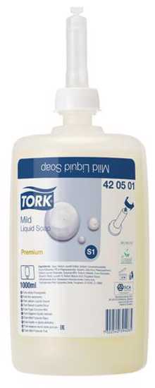 Tork S1 Mild Liquid Soap Refill - 1000ml, gentle, moisturizing soap for dispensers, enhances hand hygiene with a fresh scent.