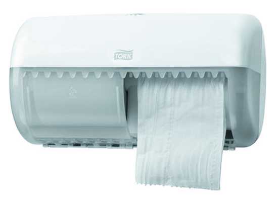 White Tork T4 Conventional Toilet Roll Dispenser, holds two rolls, compact design, easy tear feature for safe use.