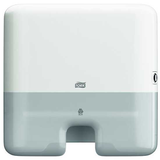 Tork H2 Xpress Mini Paper Towel Dispenser in white, compact design for hygienic, one-at-a-time dispensing in tight spaces.