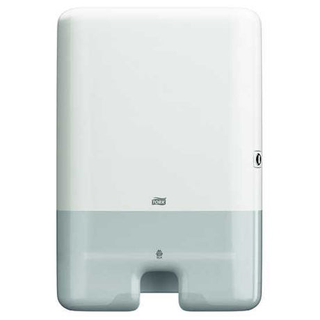 Tork H2 Xpress Paper Towel Dispenser in white, designed for efficient one-at-a-time dispensing, enhancing hygiene and comfort.