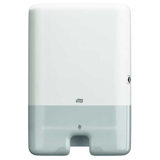 Tork H2 Xpress Paper Towel Dispenser in white, designed for efficient one-at-a-time dispensing, enhancing hygiene and comfort.