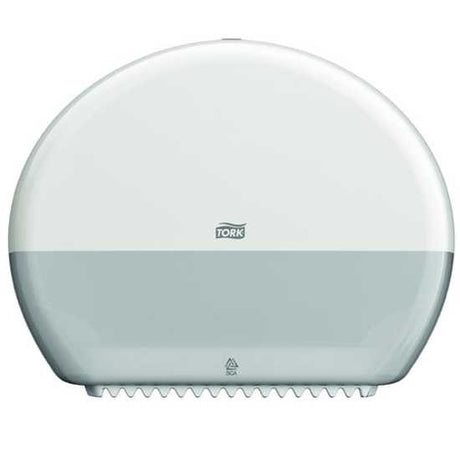 Tork T2 Mini Jumbo Toilet Paper Dispenser in white, designed for high-traffic restrooms, minimizes waste and ensures hygiene.