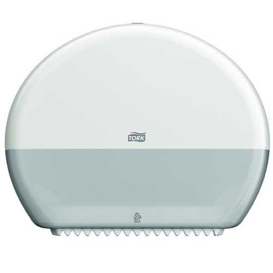 Tork T2 Mini Jumbo Toilet Paper Dispenser in white, designed for high-traffic restrooms, minimizes waste and ensures hygiene.