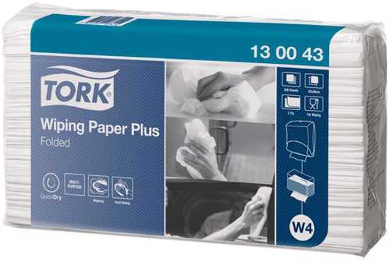 Tork W4 Wiping Paper Plus Folded White, 32x38cm, features QuickDry technology for strong absorbency and efficiency in cleaning tasks.