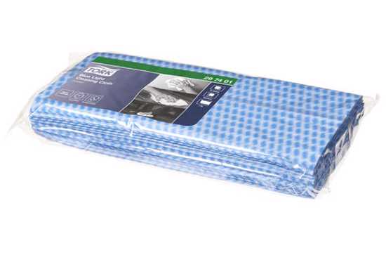 Tork blue cleaning cloths, 30cm x 60cm, 25 pack, strong, absorbent, low linting, HACCP endorsed for hygienic, food-safe cleaning.