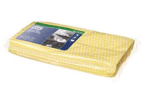 Vibrant yellow cleaning cloth pack with 25 strong, absorbent, low-lint sheets, ideal for hygienic cleaning in various settings.