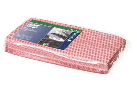 Red folded cleaning cloths (30x60cm) designed for strength, absorbency, and hygiene; 25 sheets, HACCP endorsed for food safety.