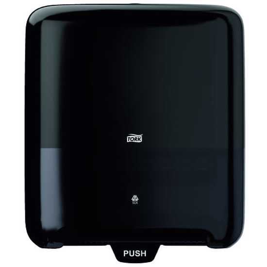 Tork H1 Matic Black Manual Paper Towel Dispenser, featuring one-at-a-time dispensing for efficiency and eco-friendliness.