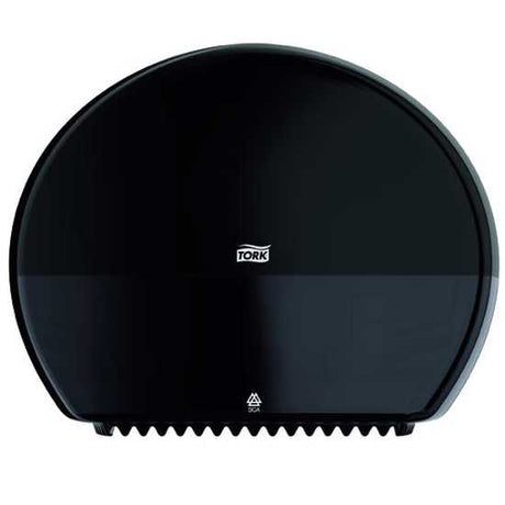 Tork T2 Mini Jumbo Toilet Paper Dispenser in black for busy washrooms, featuring dual roll usage and waste reduction design.