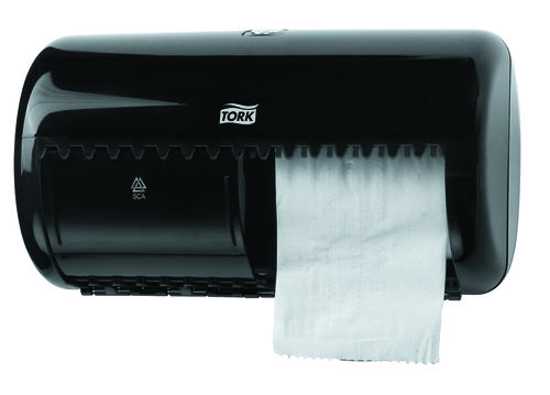 Sleek black Tork T4 Toilet Roll Dispenser holding two rolls, designed for low traffic washrooms with easy tear feature.