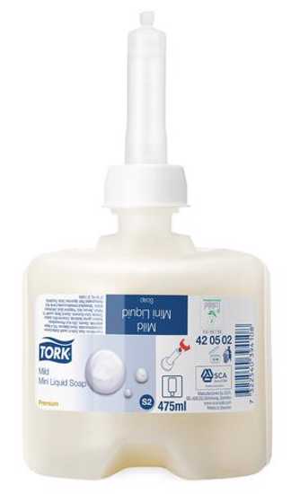 Tork S2 Mild Liquid Soap Refill - 475ml in sealed bottle, designed for hygiene with moisturizing lather and easy dispenser use.