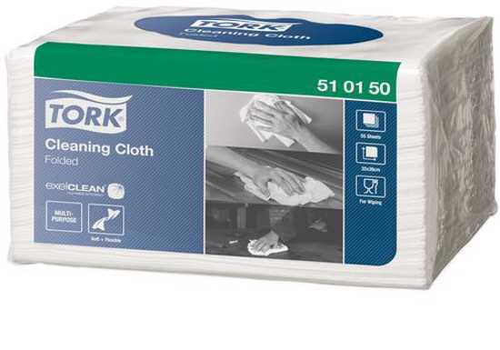 Tork W8 Folded Cleaning Cloths in white, 39cm x 32cm, strong, absorbent, and ideal for efficient cleaning tasks.