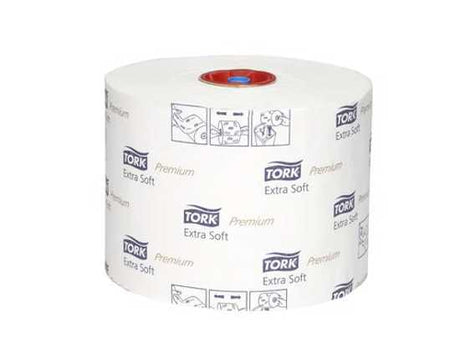 Tork Soft 3-Ply Toilet Paper Mid-Size Roll in lilac design, 70m long, case of 27 for superior cleanliness and comfort.