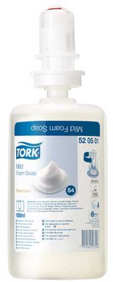 Tork S4 Mild Foam Soap Refill 1000ml in a sealed bottle, offering moisturizing lather and up to 2500 doses for hygienic hand washing.