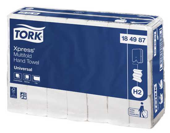 Tork H2 Xpress 1-Ply Multifold Paper Towels in a case of 21 packs, 230 sheets each, designed for effective hand drying.