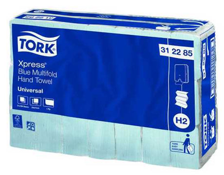 Tork H2 Xpress 1-ply Blue Multifold Paper Towels, eco-friendly, 230 sheets per pack, designed for food safety and hygiene.