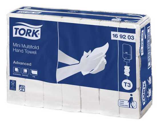 Tork T3 Mini 1-Ply Multifold Paper Towels, 185 sheets/pack, eco-friendly, easy one-at-a-time dispensing for efficient hand drying.